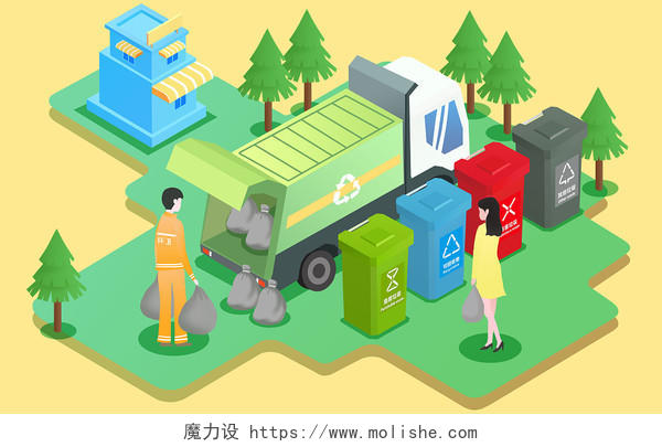 爱护环境垃圾分类JPG图片25D垃圾分类插画
